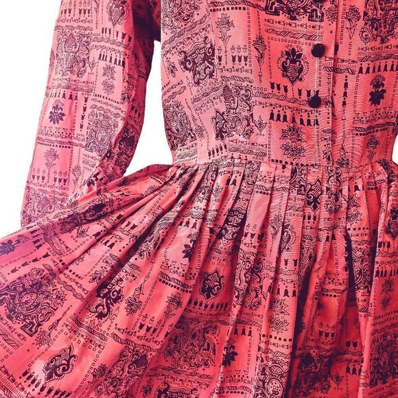 50s Pink Red Dress S Taffeta Romantic Fit and Flare VFG - Picture 5 of 10